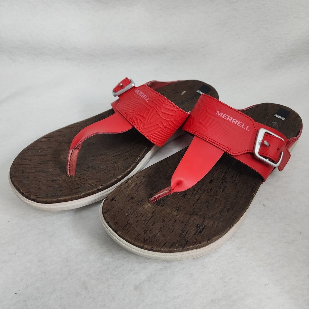 Merrell Around Town J03736 Womens 10 Flip Flop Red Leather Buckle Thong Sandal